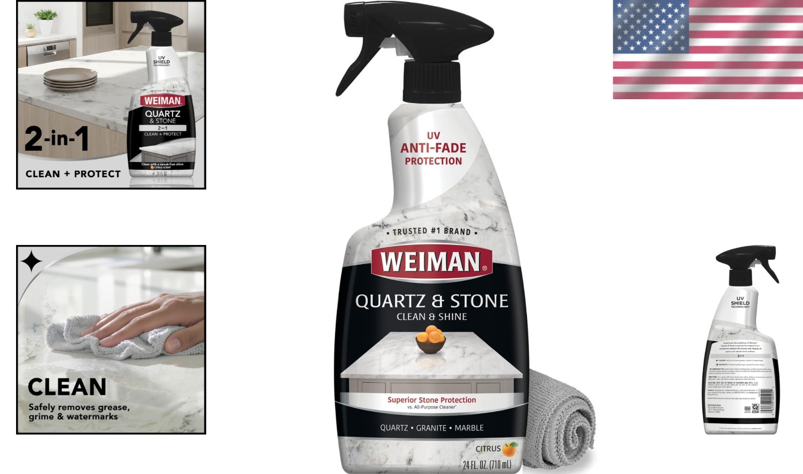 Citrus Quartz Countertop Cleaner – 24oz Anti-Streak Polish with Microfiber Cloth
