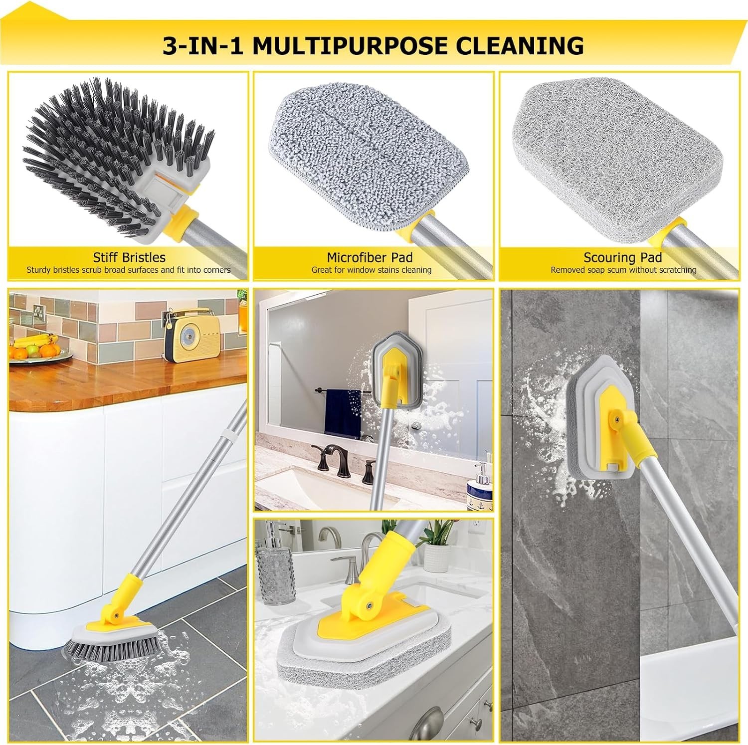 3-in-1 Shower and Tile Scrub Brush with Locking Head – Ideal for All Surfaces