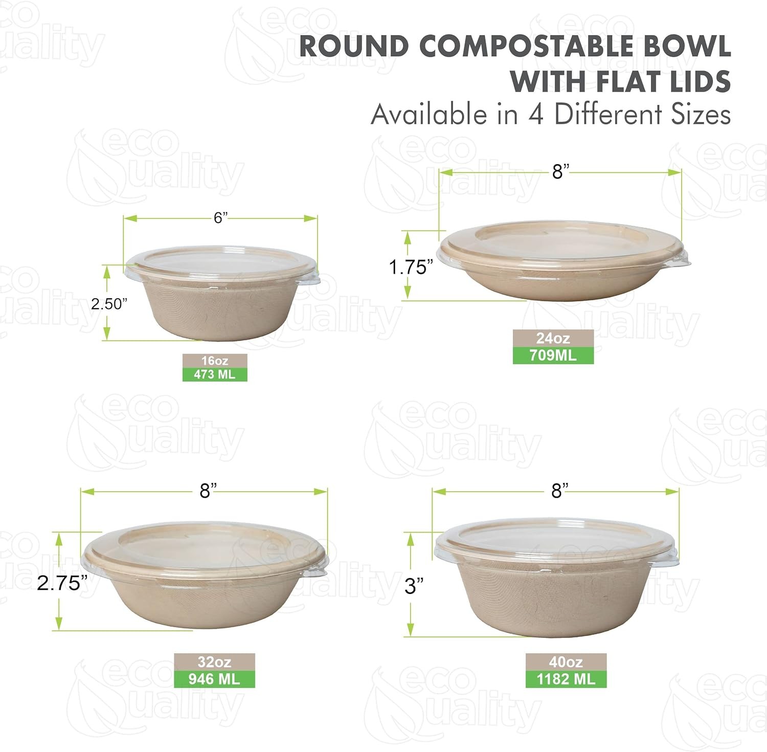 EcoQuality 100 Count 24oz Round Disposable Bowls with Lids Natural Sugarcane B