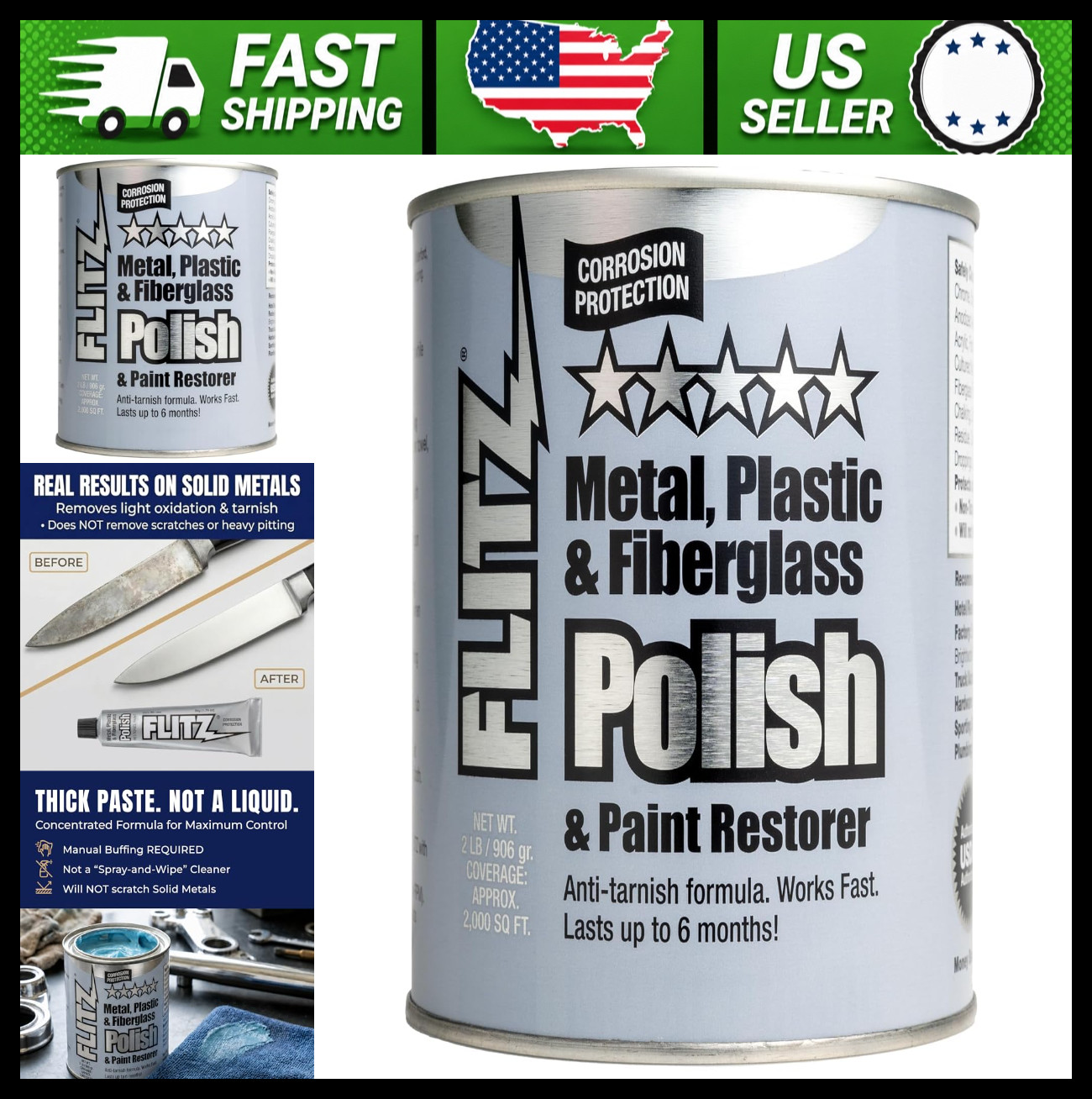 Flitz Metal Polish Paste – 2lb Can of USA-Made Polish for Solid Chrome
