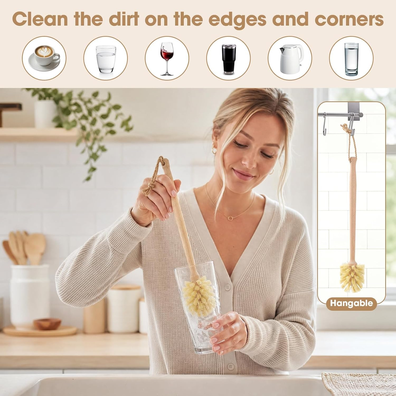 6 Pack Bamboo Dish Brush & Sponge Set, Wooden Handle Kitchen Scrub Brushes with