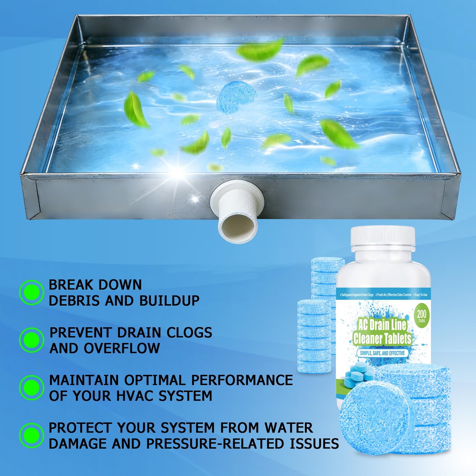 AC Drain Line Cleaner (200 Count)- Prevents Odors, Keeps HVAC Drain Pan Clean…