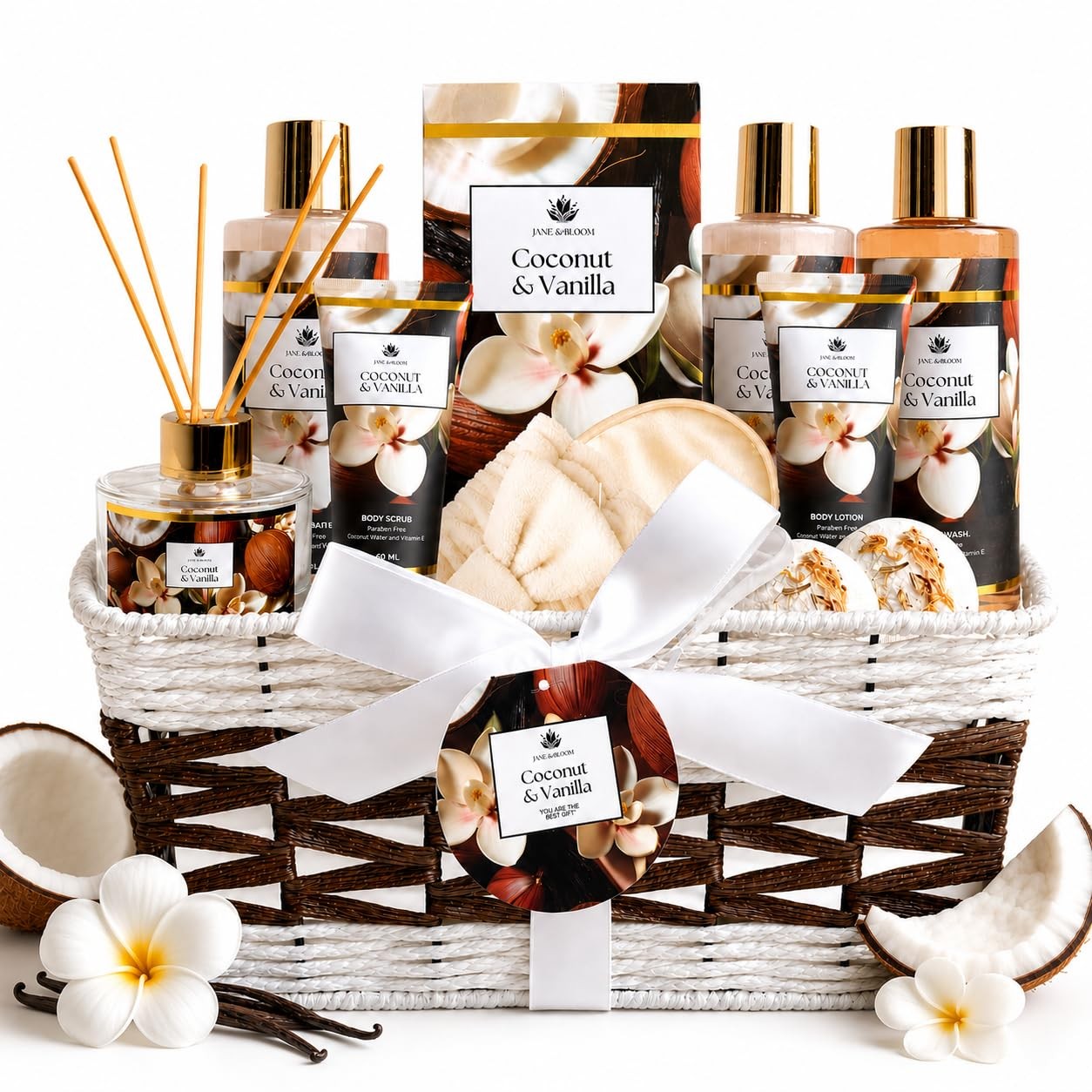 Spa Gift Basket for Women, Coconut & Vanilla 12-Piece Bath Gift Set with Showe