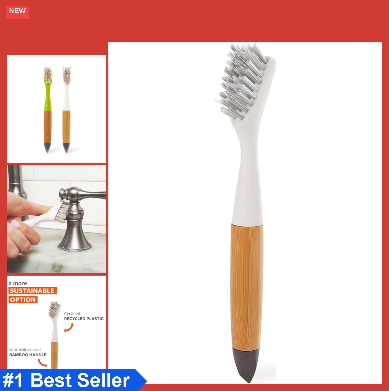 Detail Brush 2 in 1 Crevice Cleaning Grout Brush Stiff Bristle Bamboo Handle