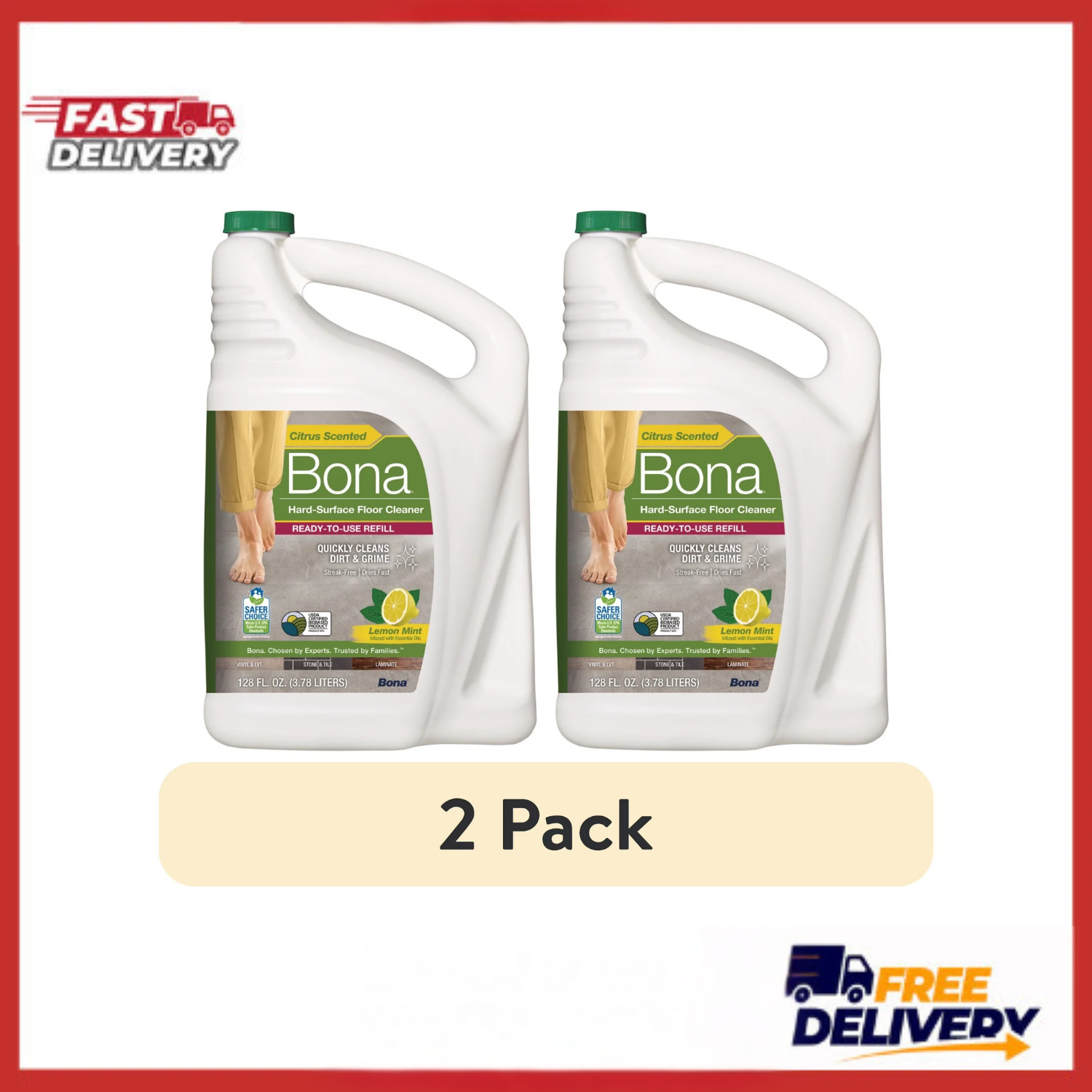 (2 Pack) Bona Multi Surface Floor Cleaner 128 oz Lemon Mint Refill Streak Free