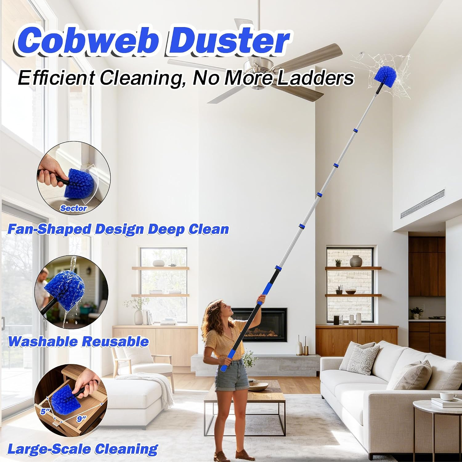 30FT Reach High Ceiling Duster Kits, Window Cleaning Kit with 5-24FT Telescoping