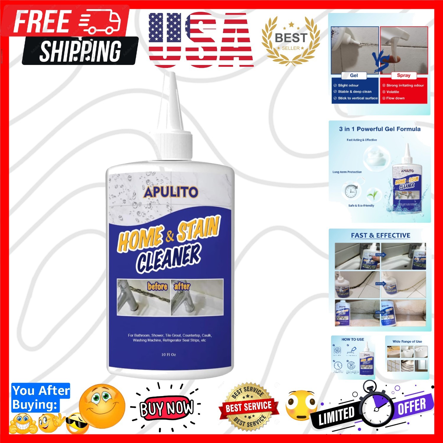Household Cleaner Gel for Bathroom Shower Kitchen Tile Grout, Sinks Counterto…