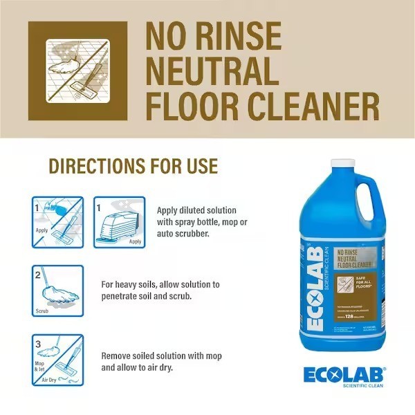 ECOLAB 1 Gal. No Rinse Neutral Floor Cleaner, Concentrate, Residue Free Formula