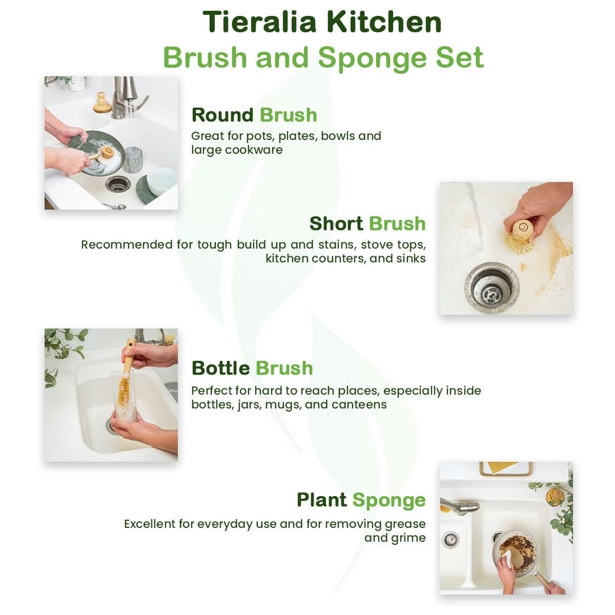 5piece Ecofriendly Bamboo Dish Brush Set With Compostable Wood Pulp Sponges | Ba