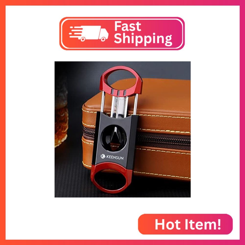 KEENSUN Zinc Alloy V-Cut Cigar Cutter (Red and Black), 60 Ring Gauge, 420J2 Stai