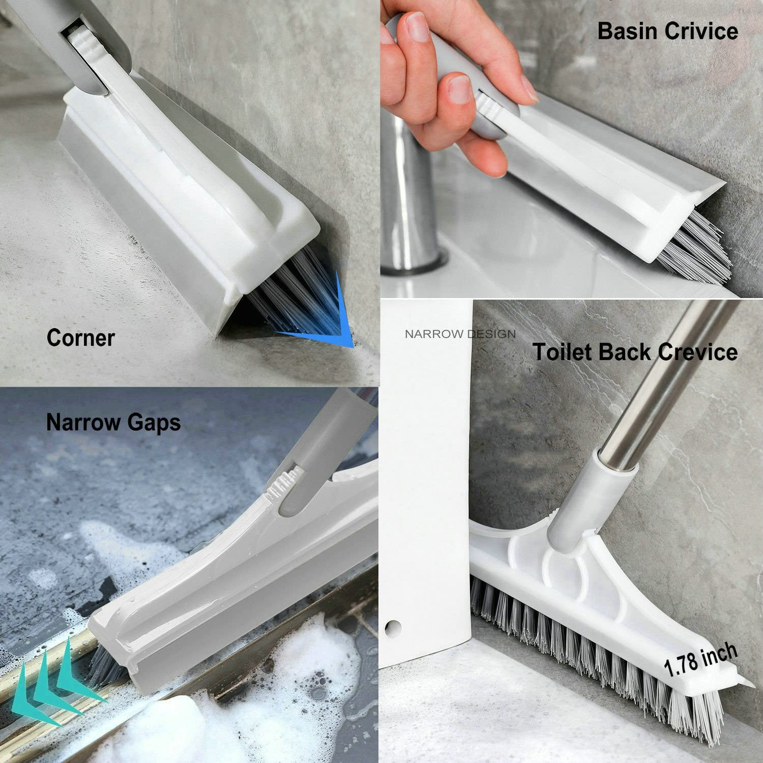2 in 1 Floor Scrub Brush with V-Shape Stiff PVC Bristles Stainless Steel Hand…