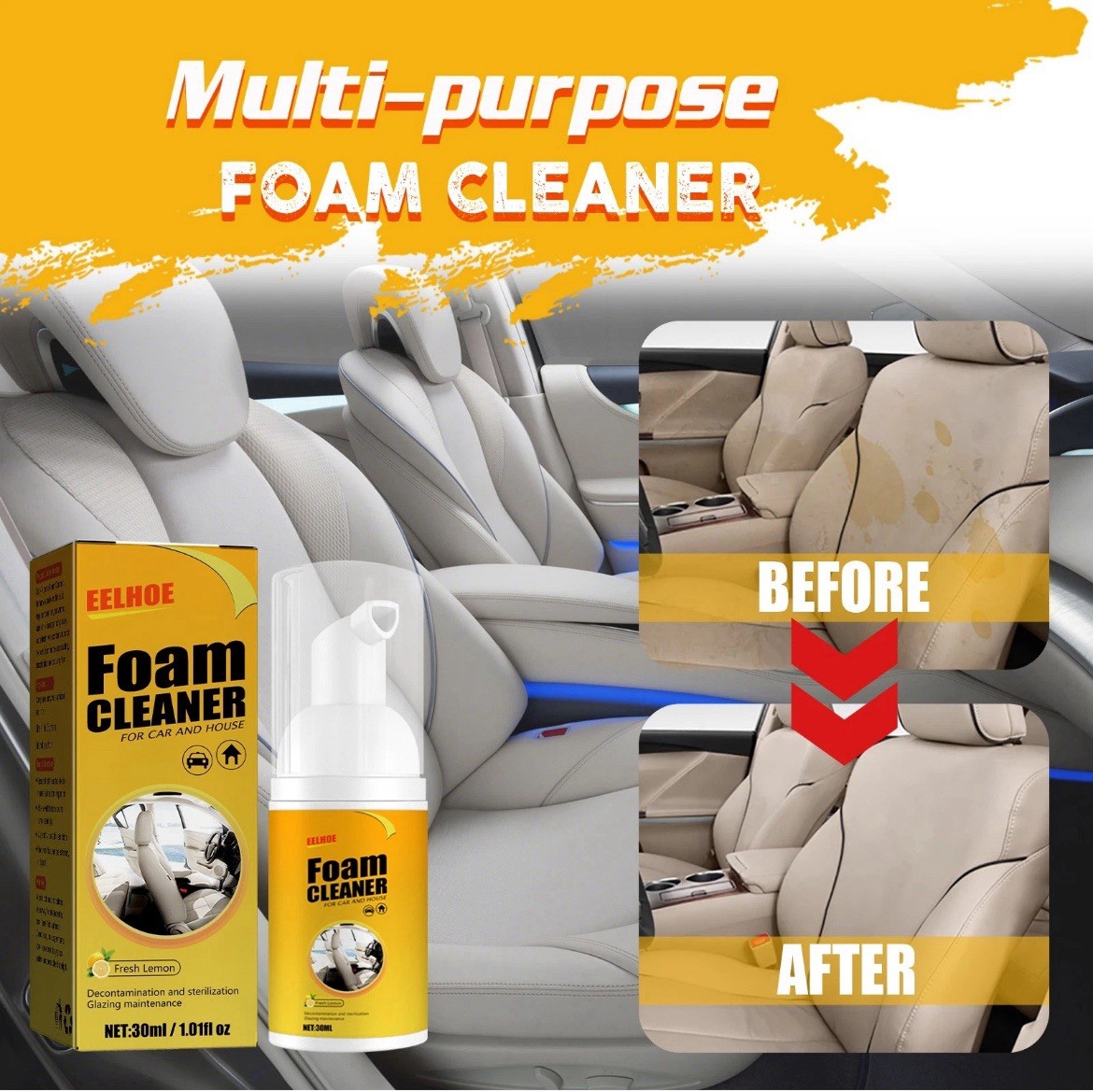 Multi-Functional Car Cleaner Eelhoe Foam Cleaner Leather Seats 2 pc 130ml total