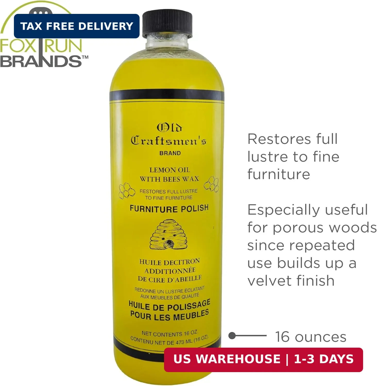 Fox Run Lemon Oil With Beeswax Furniture Polish and Conditioner, 16 ounces, Made