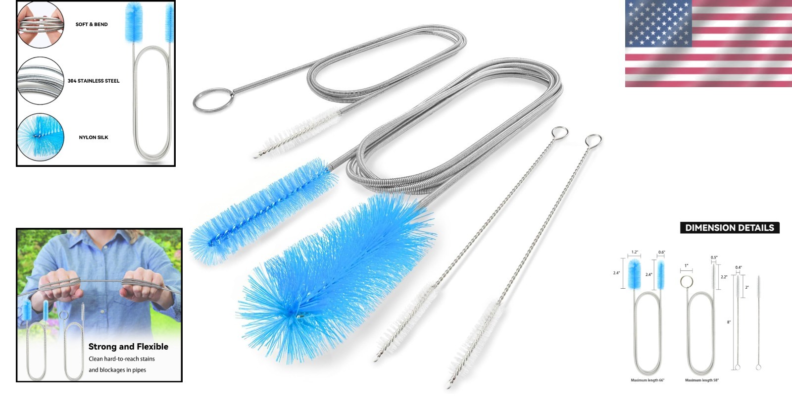 Flexible Drain Brush, 66 Inch Long Double Ended Hose Pipe and 58 Inch Tube Clean