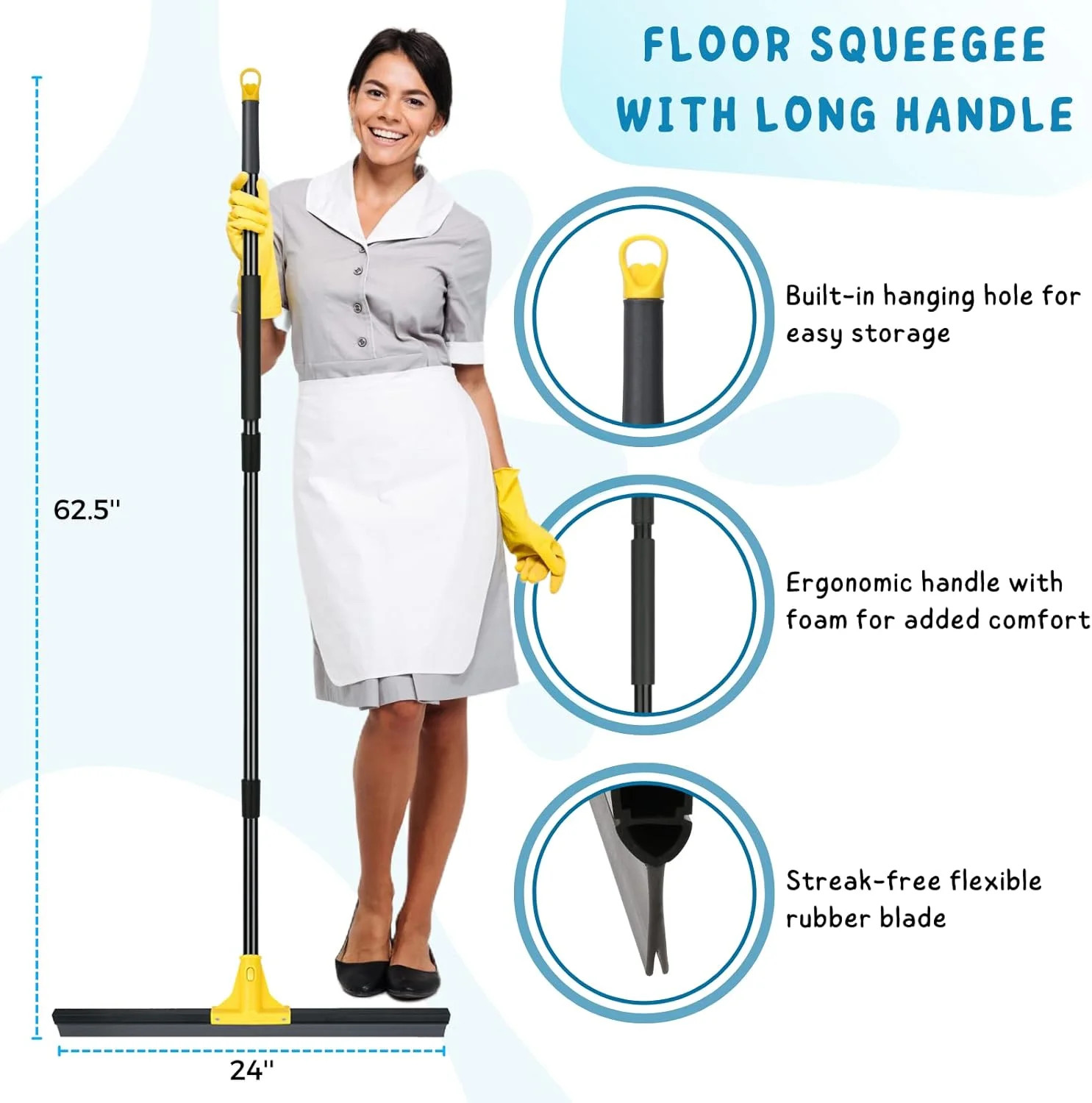 Floor Squeegee for Concrete and Tile Cleaning, 24” Rubber Wiper Broom, Large He