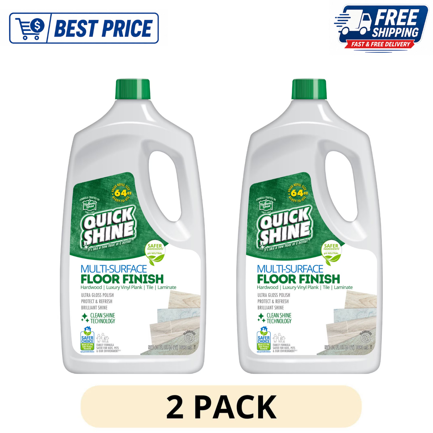 (2 Pack) Quick Shine Multi-Surface Floor Finish, PFAS-Free, Floor Polish 64 oz