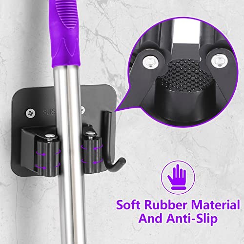 Stainless Steel Broom Mop Holder Wall Mount Rack 4 Gripper Positions 4 Hooks Bla