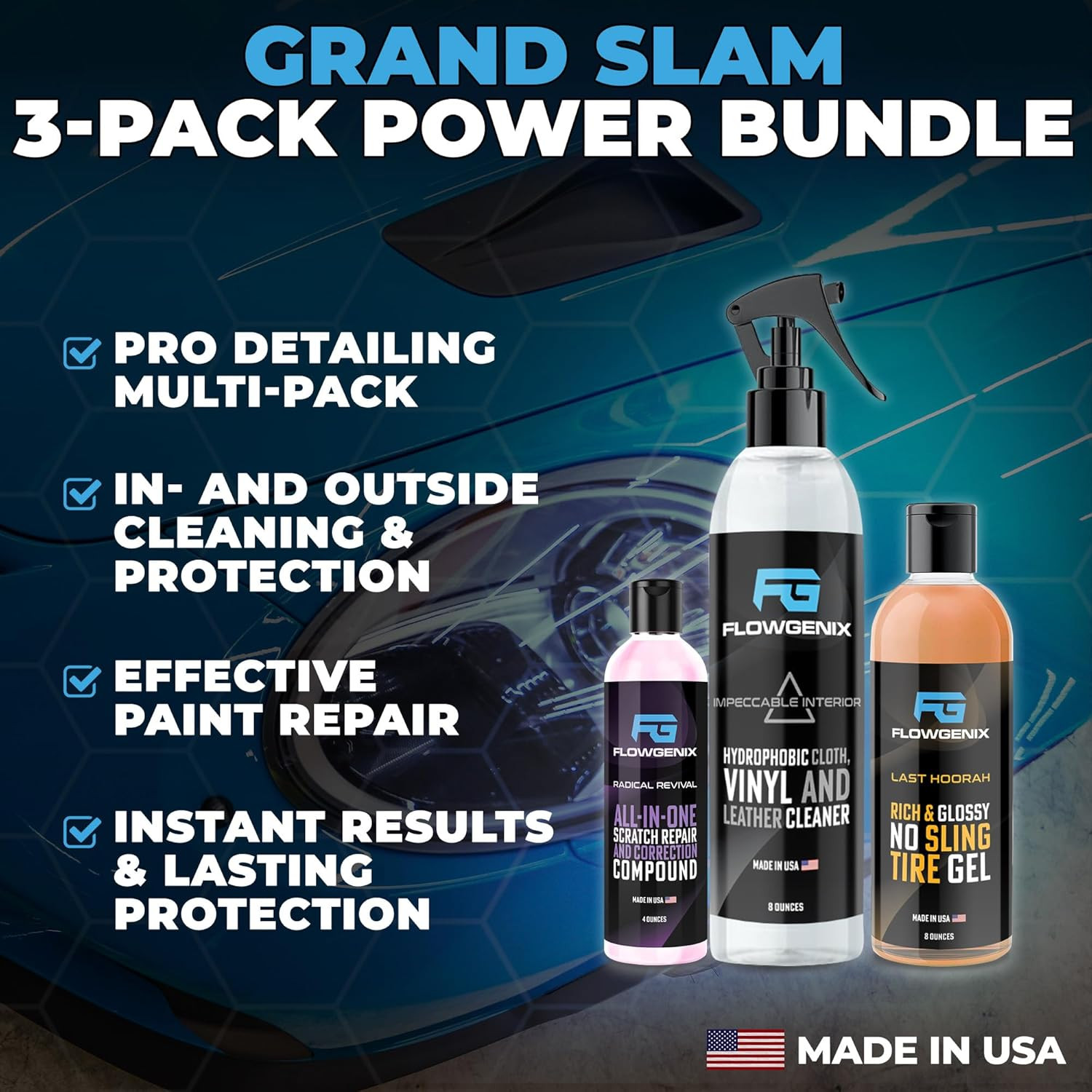 Grand Slam 3-Pack – Includes Tire Shine Gel (8Oz), Car Scratch Remover (4Oz), Wa