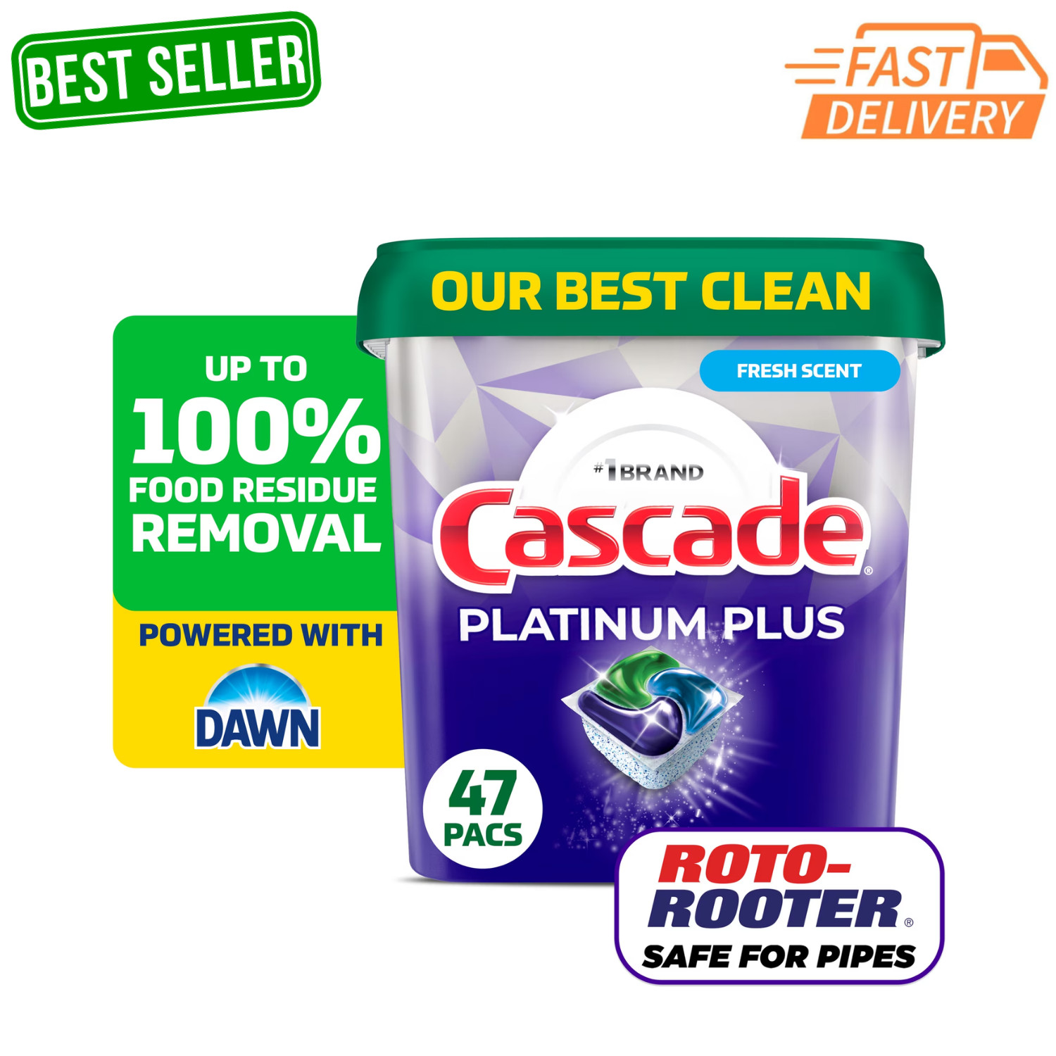 Cascade Platinum Plus Dishwasher Pods 47 Count Action Pacs Fresh Cleaning