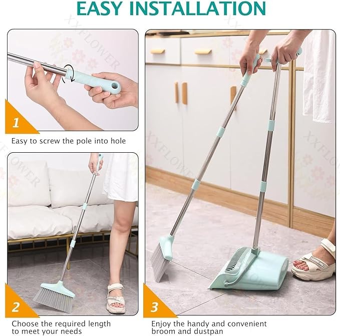 55in Long Handle Indoor Sweeping Combo for Home Office Kitchen Bluish Green