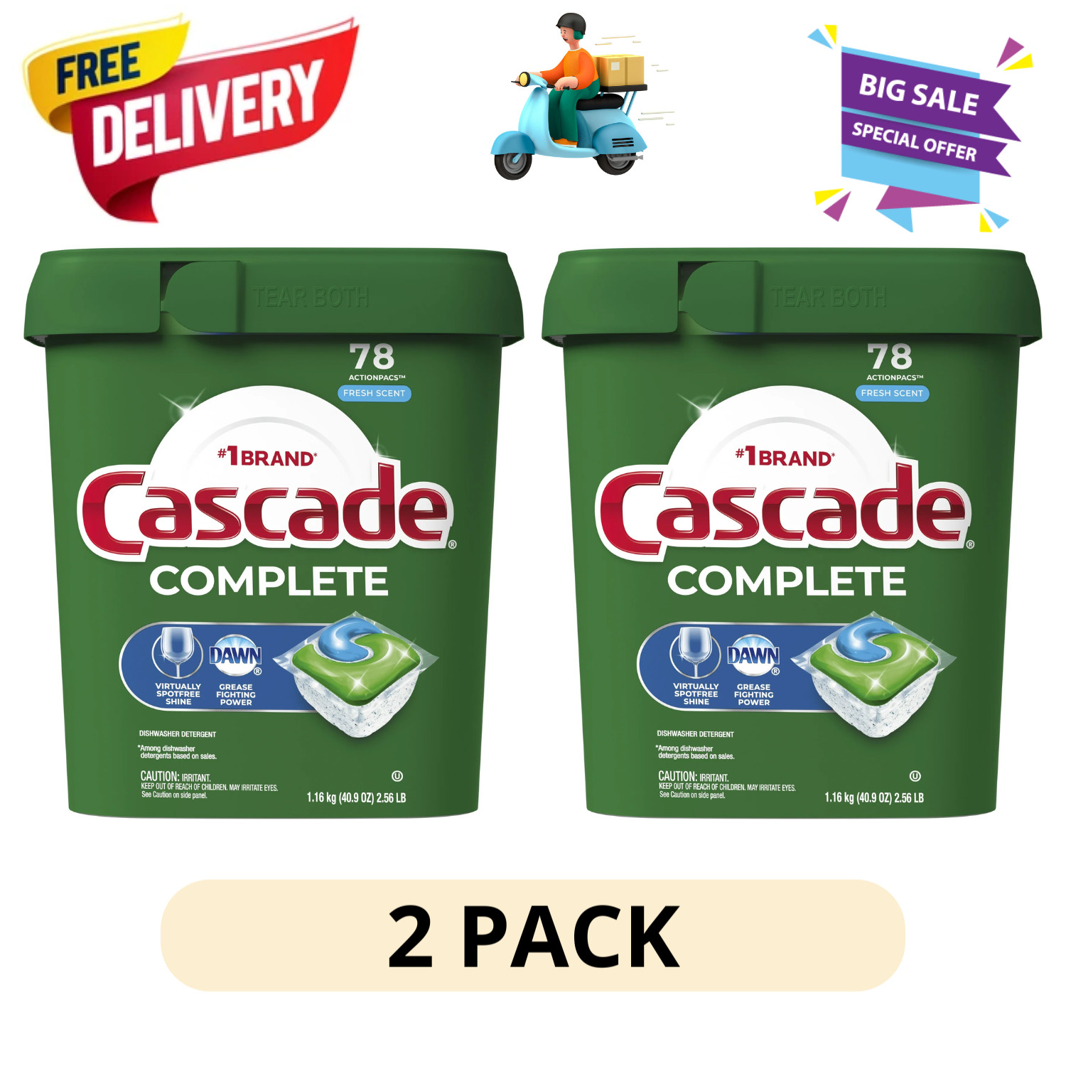 (2 Pack) Cascade Complete ActionPacs 78 Ct Dishwasher Pods Fresh Scent Shine