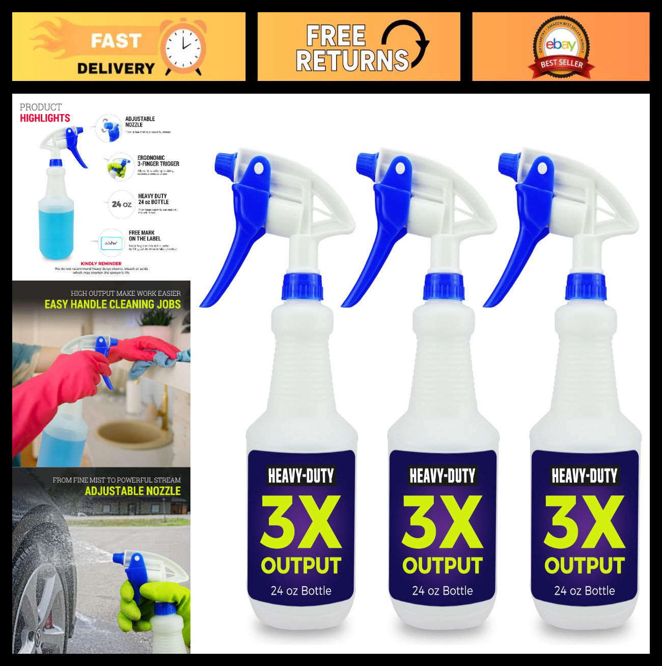 3 Pack Heavy Duty Spray Bottles 24 oz – High Output for Cleaning & Detailing