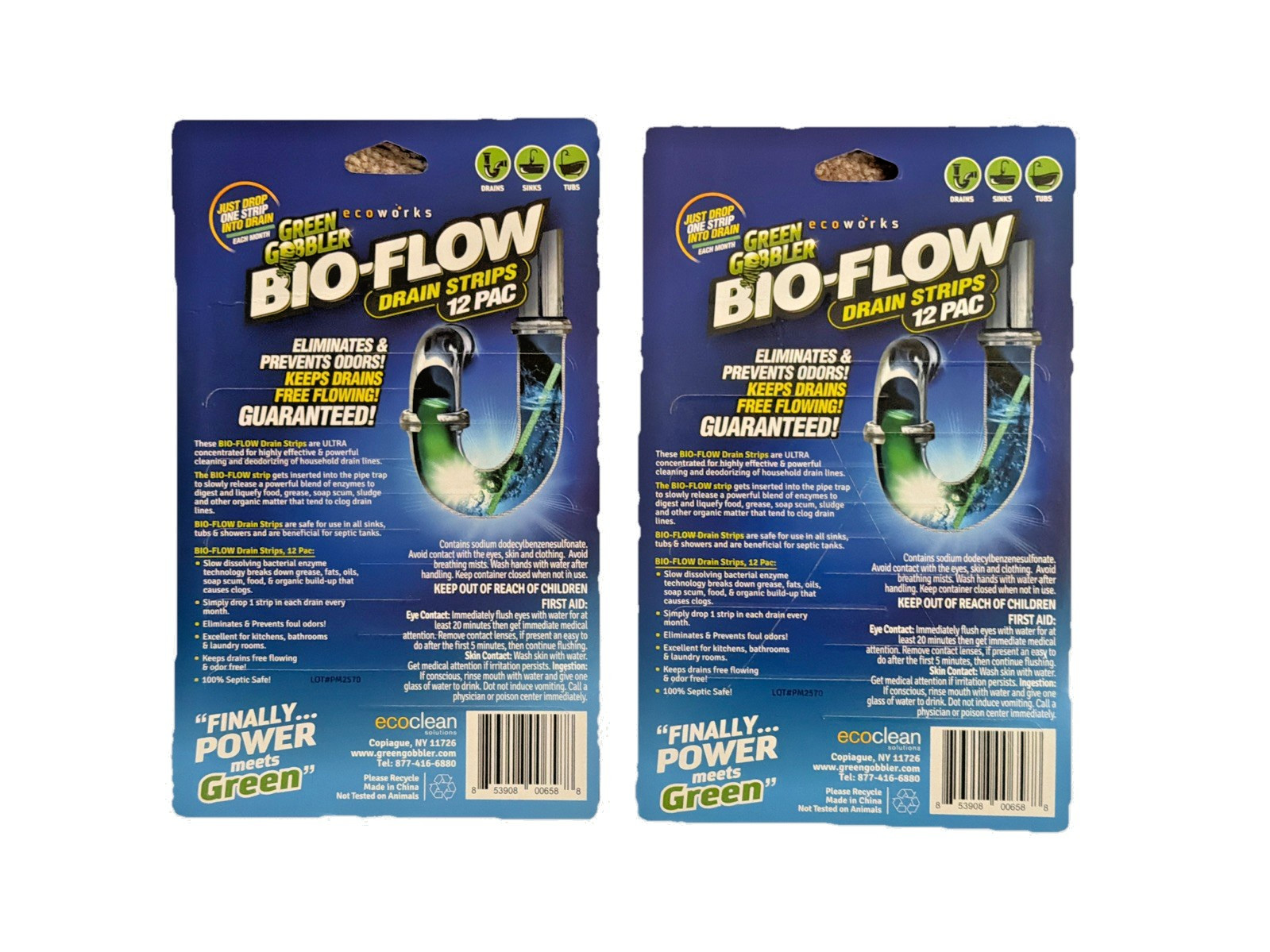 LOT OF 2 Green Gobbler BIO-FLOW Drain Strips Drain Cleaner & Deodorizer