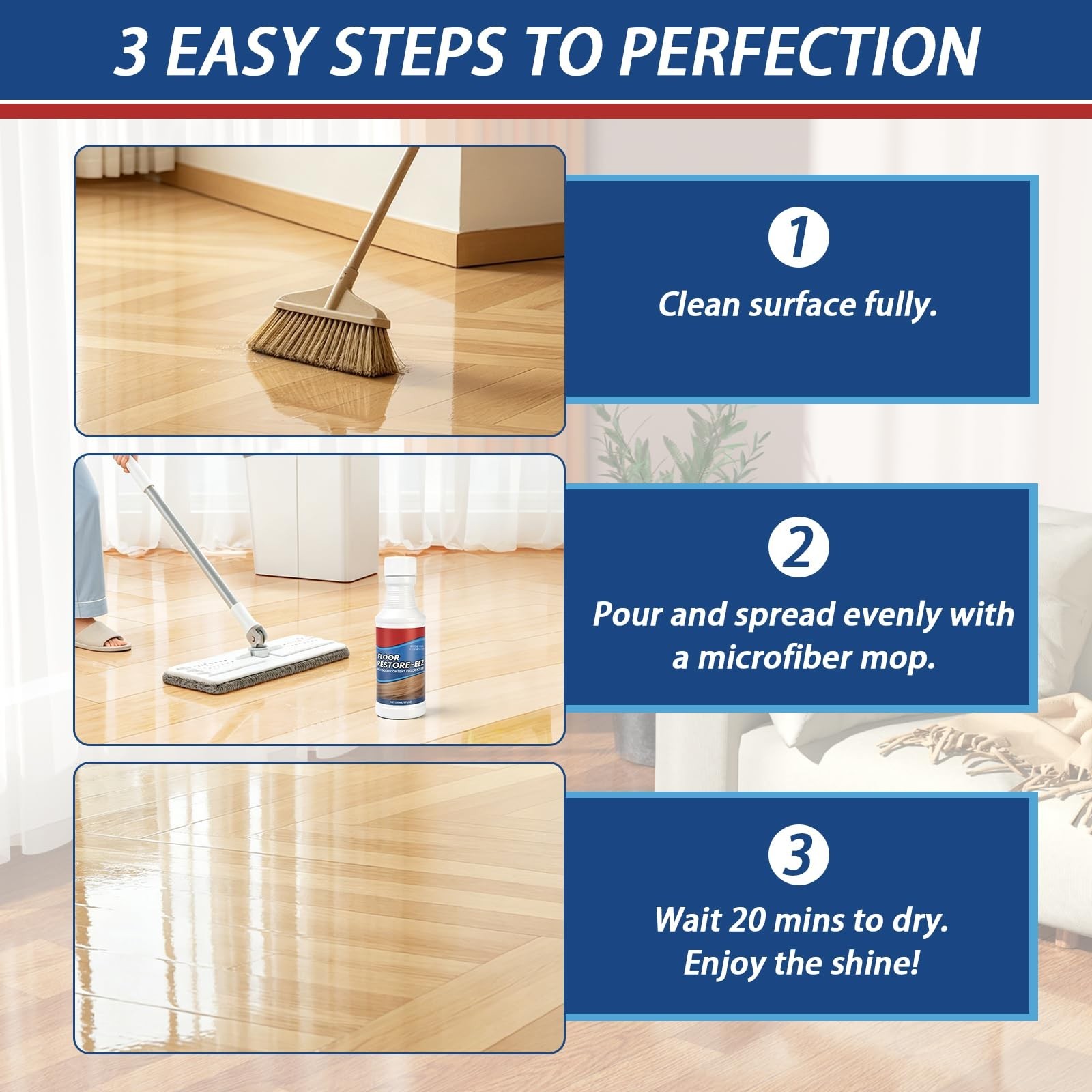 3Pcs Floor Cleaner & Polish, High Solid Shine Renewal, Quick-Drying Protective F