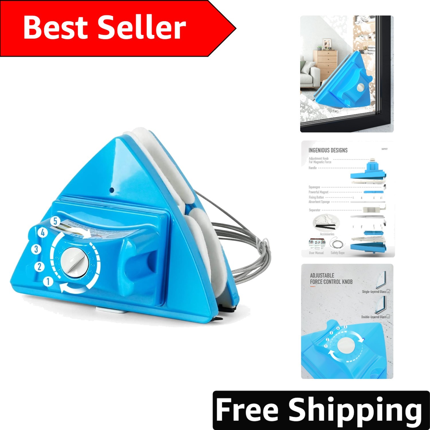 All-Around Magnetic Window Cleaner with Water-Storing Sponge – Safe & Effective