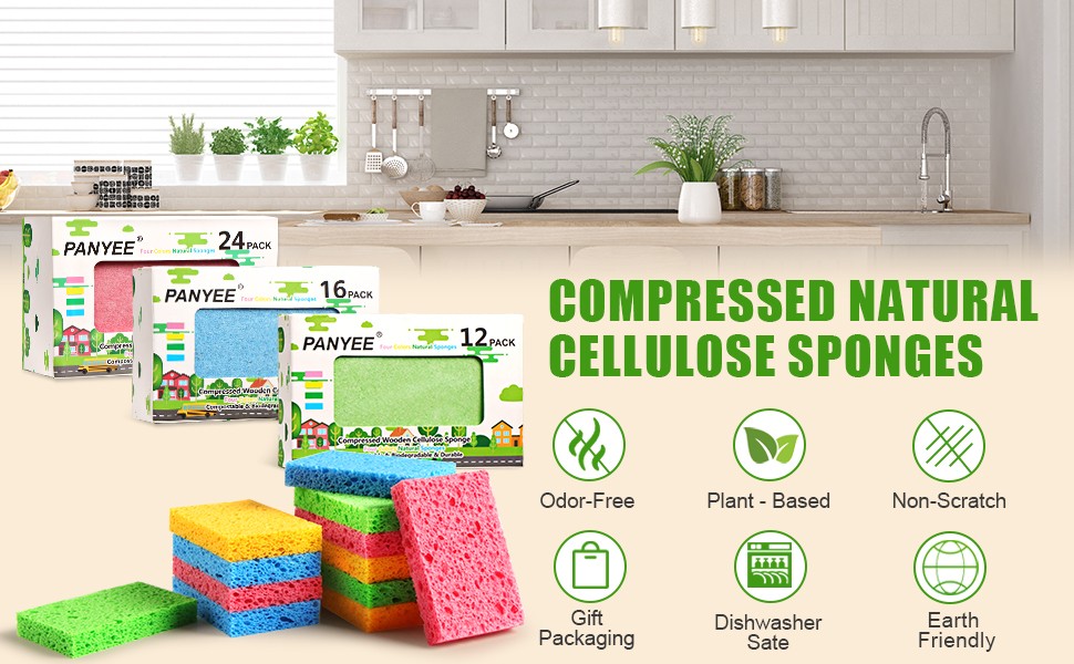 Compressed Cellulose Kitchen Sponges 24Pack,Non-Scratch Biodegradable Natural