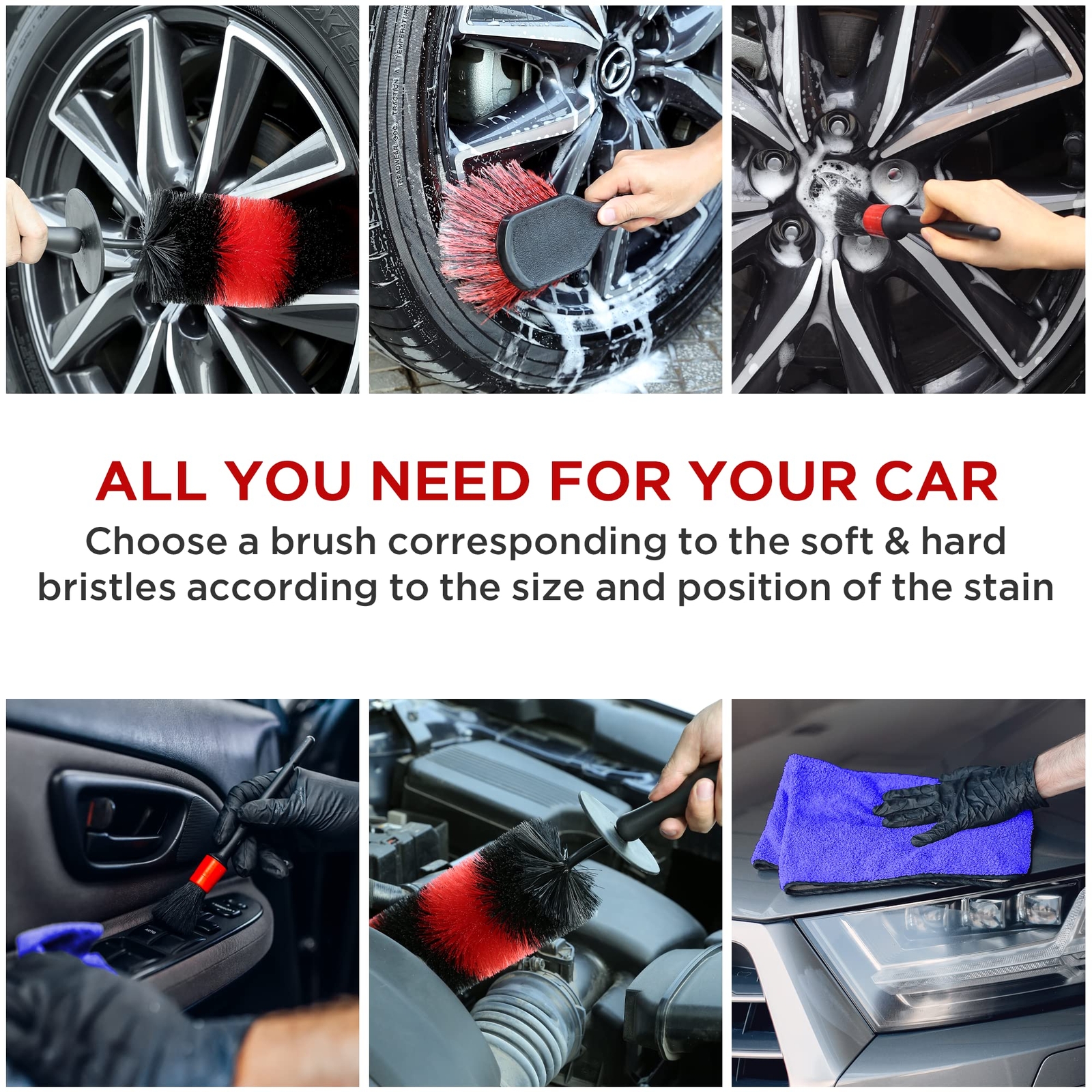 Wheel Tire Brush Set Car Detailing Kit 8pcs By 17 Long Soft Bristle Wheel Brush