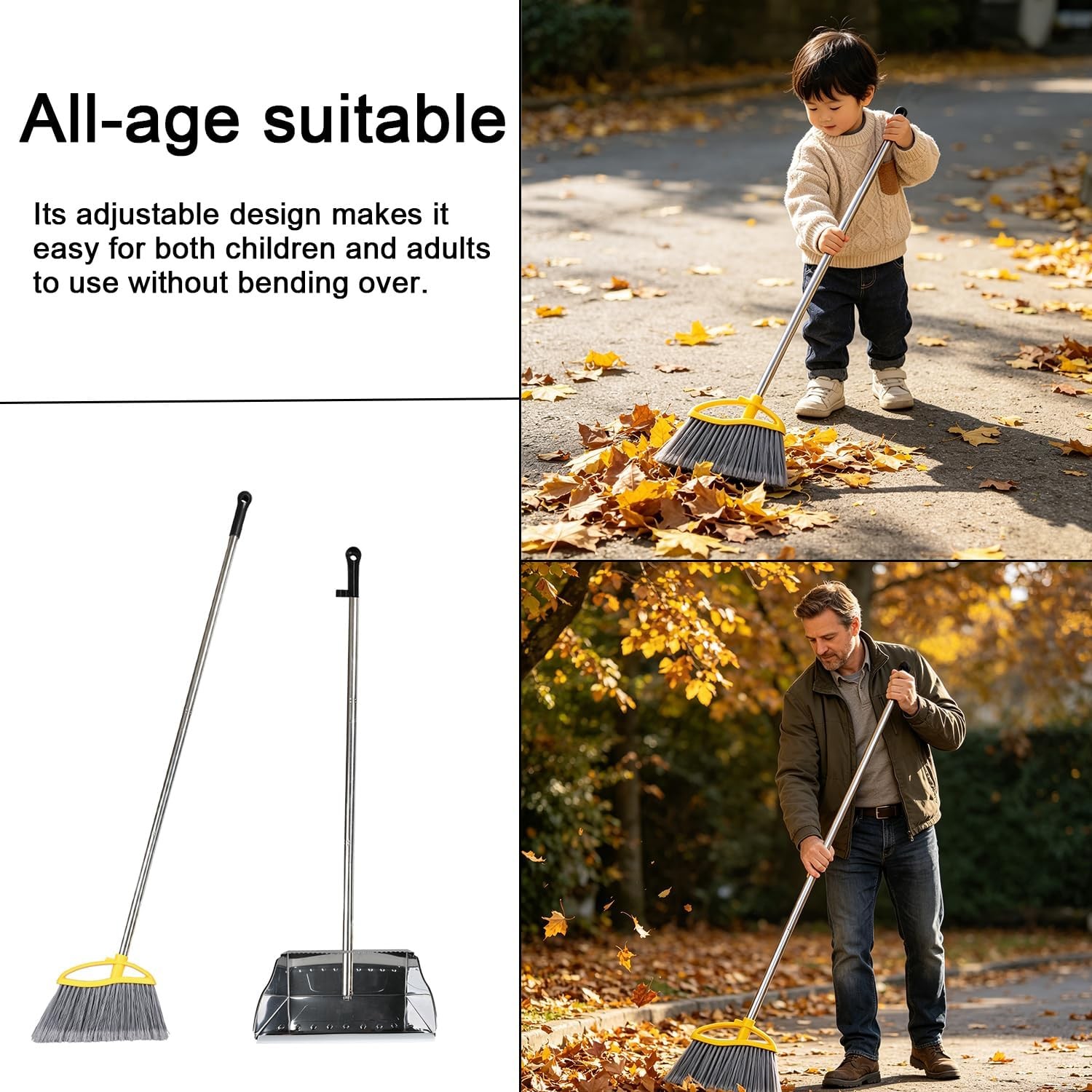 Stainl Steel Dustpan with Outdoor Stiff Bristles Broom, Long Handle