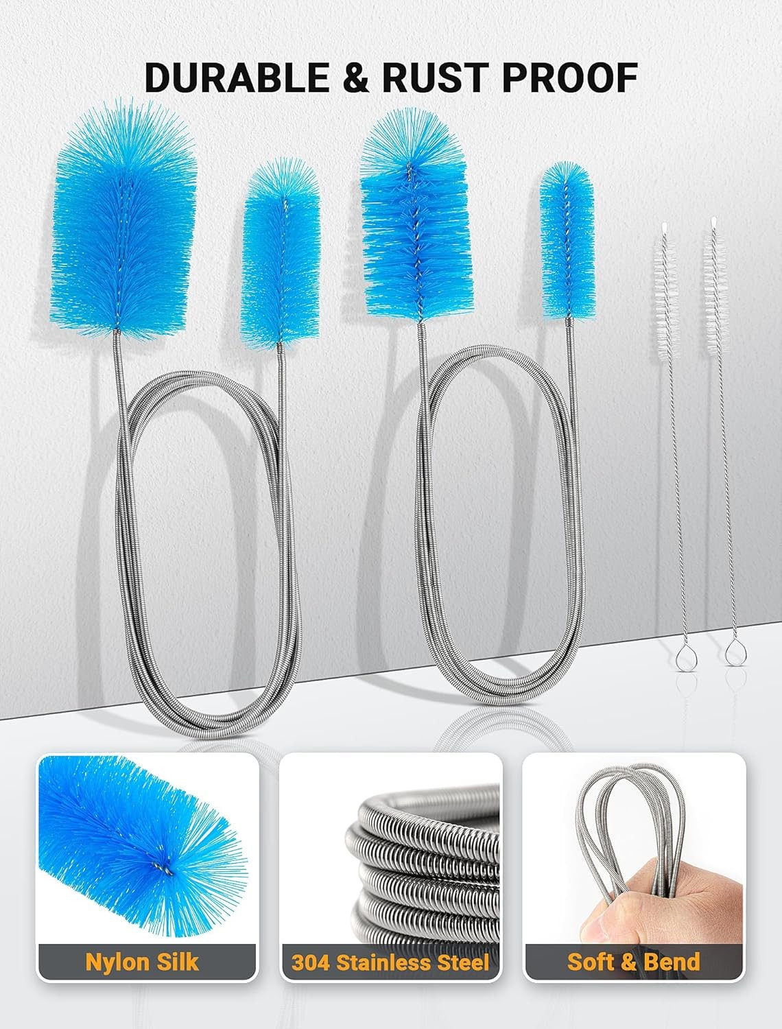 Flexible Long Drain Brush Tool with Large Double Elastic Nylon Ends, Stainless S