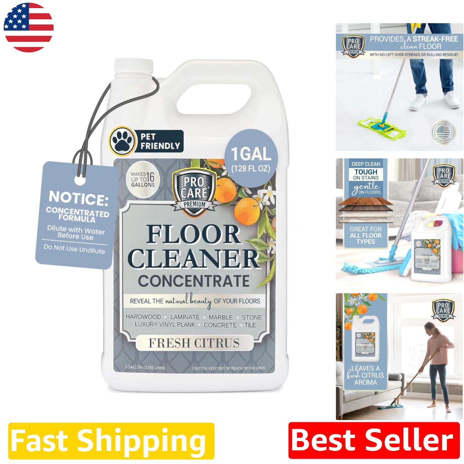 Citrus Floor Cleaner 1 Gallon Concentrate – Streak-Free, No Rinse, Pet Friendly