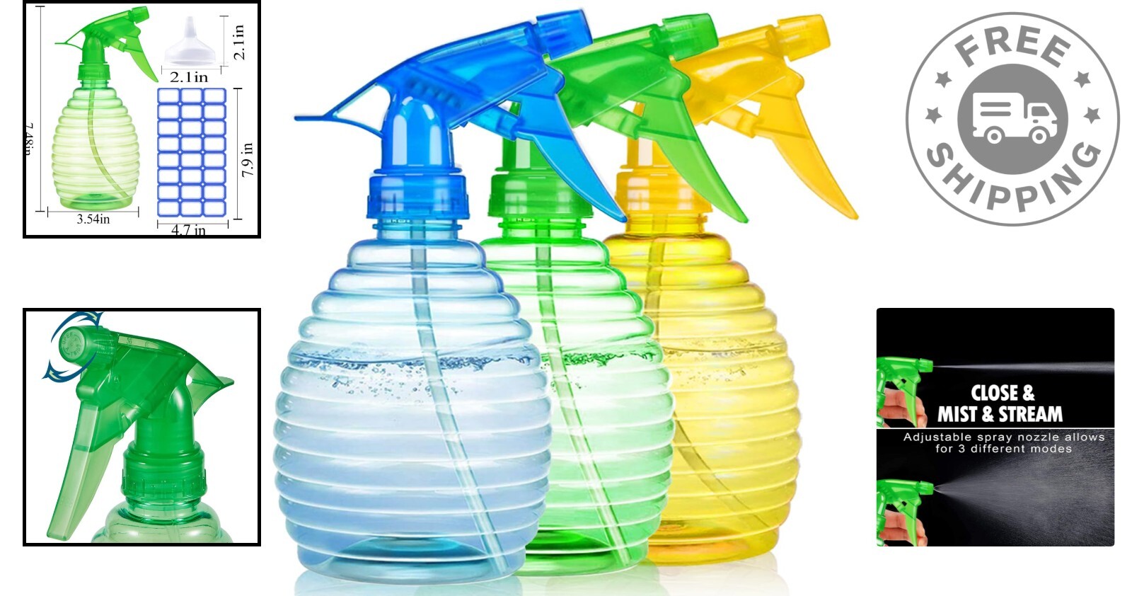 Durable 3-Pack 16 oz Spray Bottles with Mist/Stream Nozzles – Leak-Proof Design