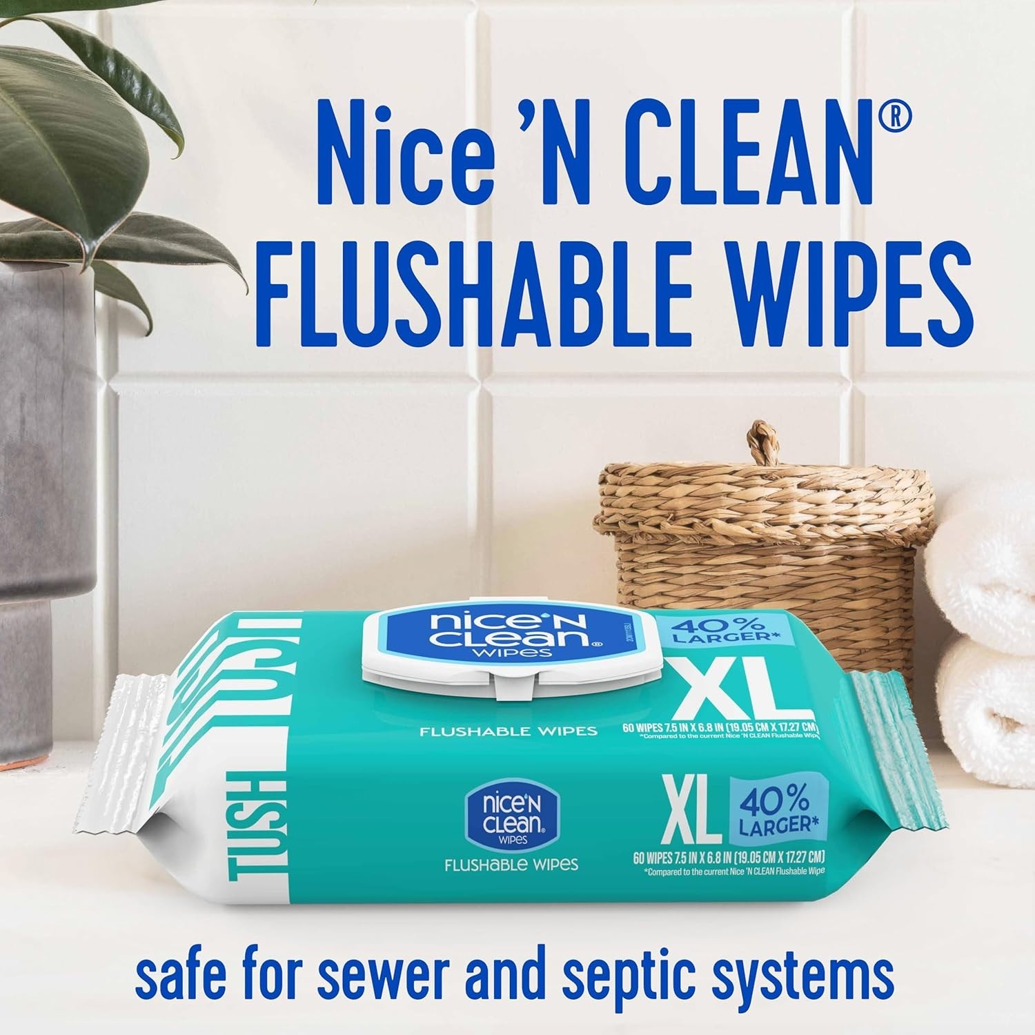 180 Count XL Flushable Wipes – Fragrance-Free & Plant-Based for Sensitive Skin
