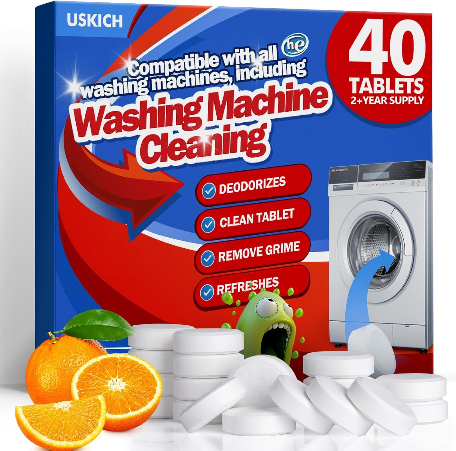 USKICH Washing Machine Cleaner Descaler 40 Pack-Deep Cleaning Tablets For HE Fro