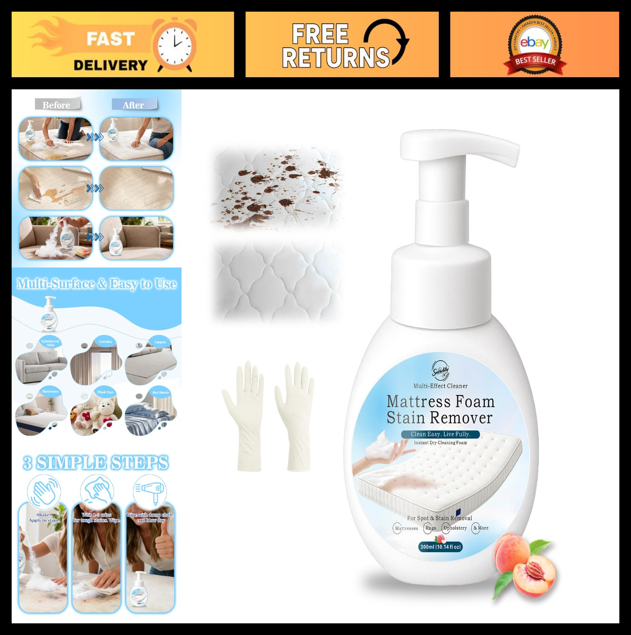 Multi-Surface Mattress Stain Remover Foam Spray – Upholstery Cleaner 300ml