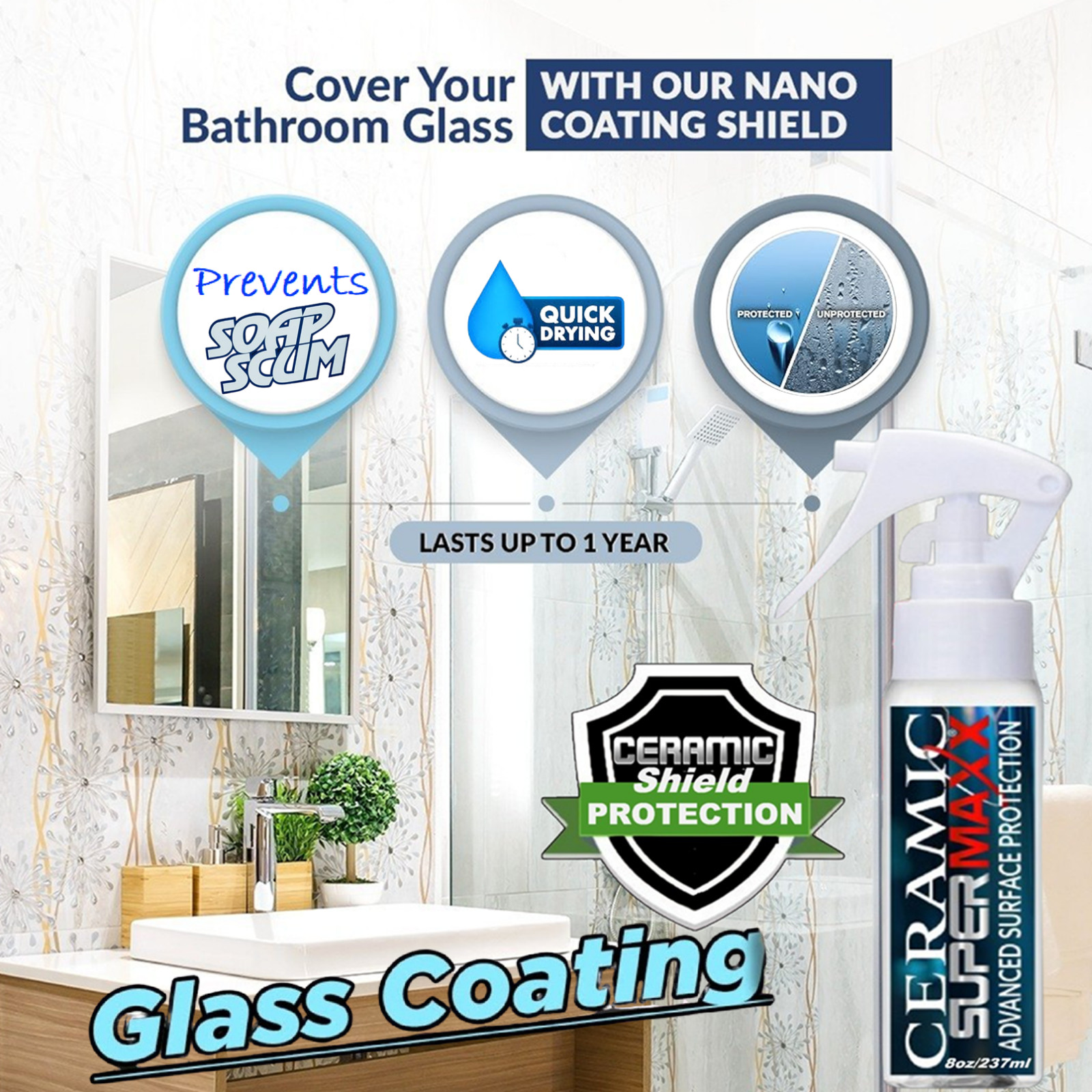 SHOWER GLASS DOOR PROTECTION ‘8 – OUNCE’ SPRAY BOTTLE FREE MICROFIBER TOWEL