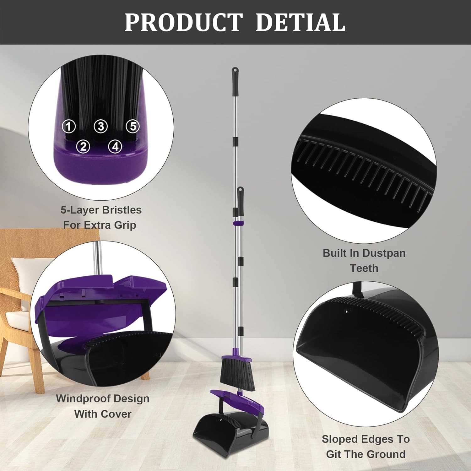 Broom and Dustpan Set, Long Handle Broom with Dustpan bo Set, Windproof