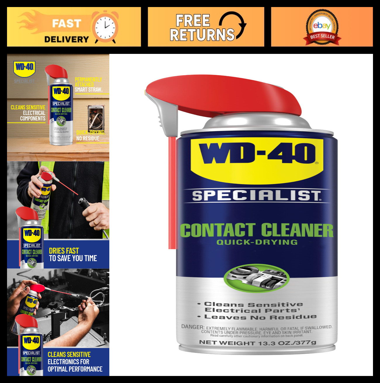 High-Performance Contact Cleaner for Metal, Plastic, Rubber – Fast-Drying, 13.3