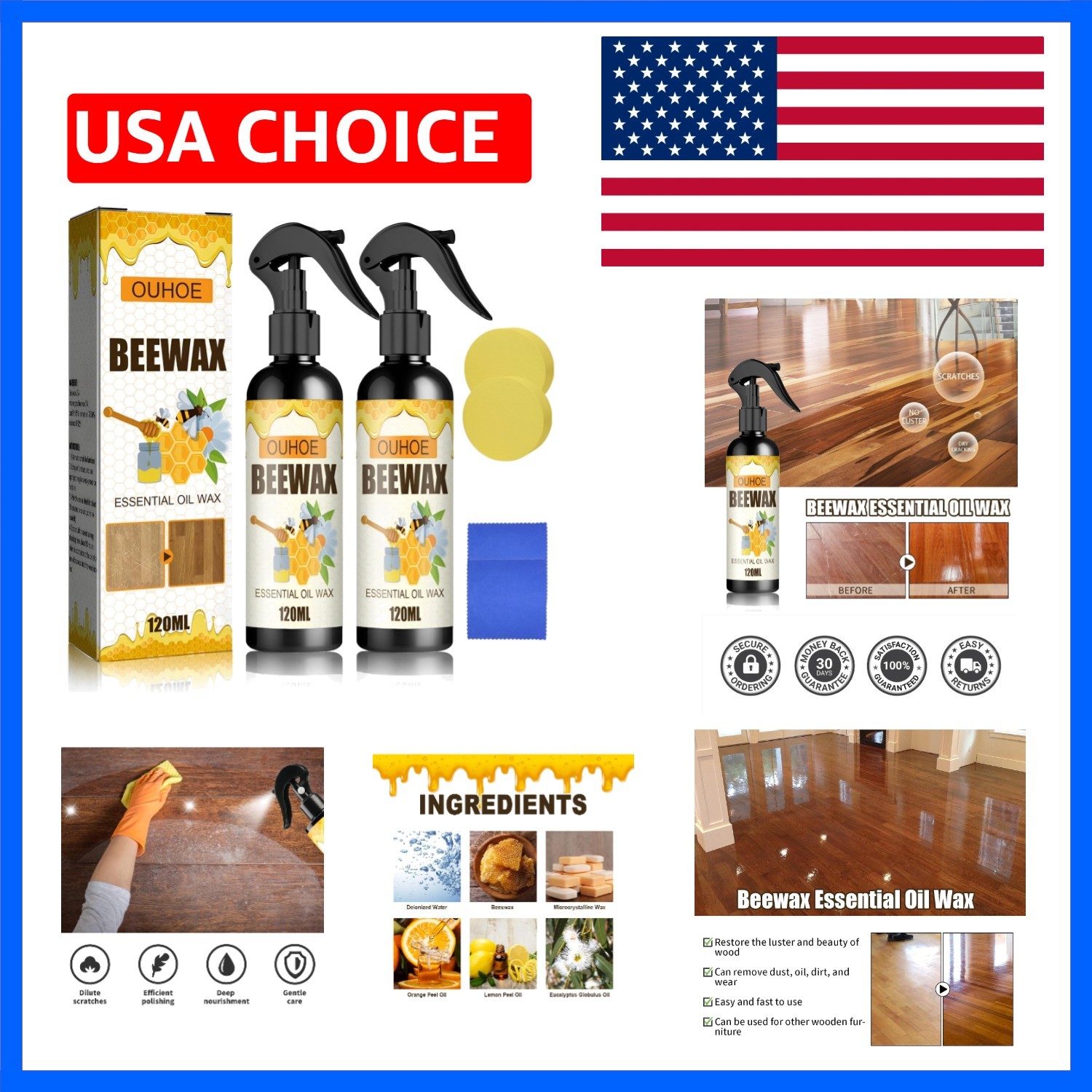 Natural Beeswax Care Spray & Restorer, Beeswax Wood Polish for Floors and Fur…