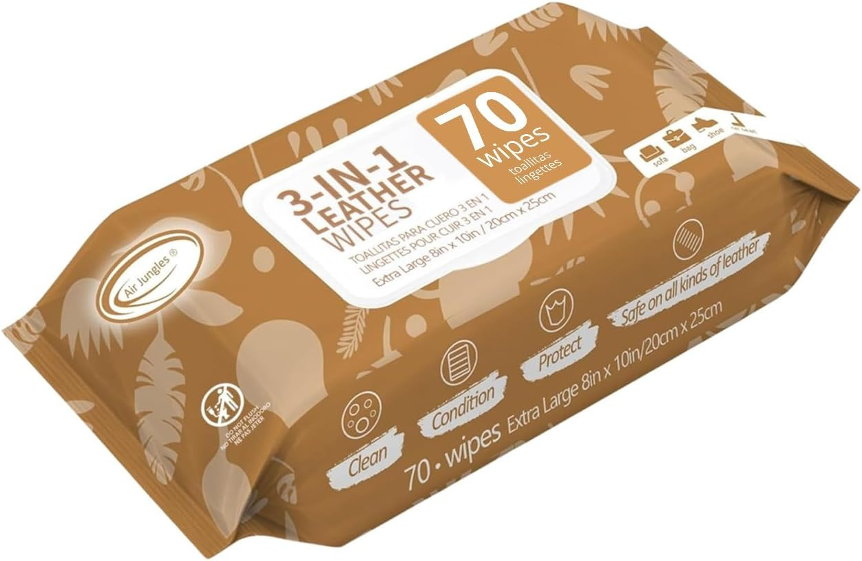 Air Jungles 3In1 Leather Cleaner Wipes 70 Count, Extra Large 8″ X 10″ Size, Clea