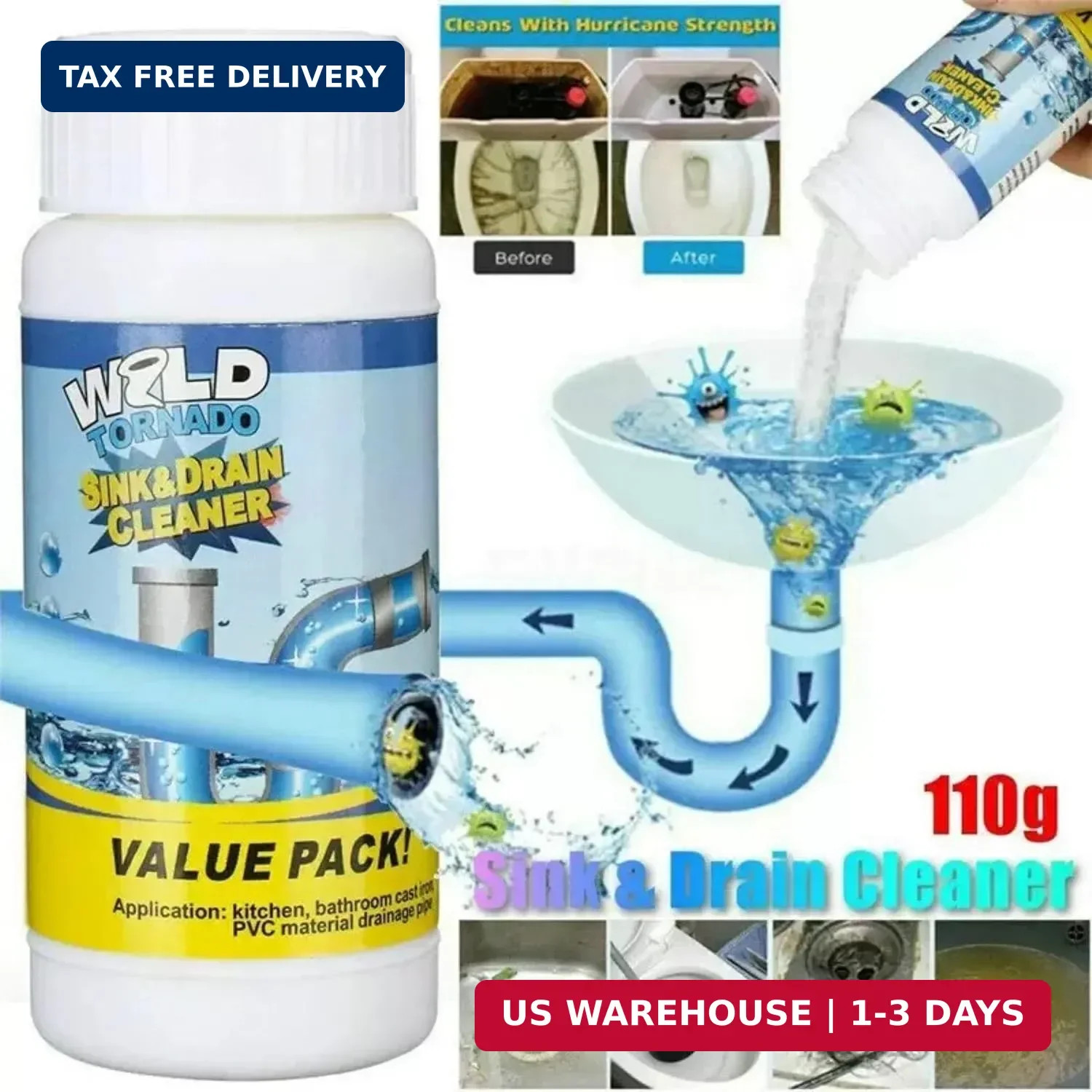 2Pcs Upgraded Wild Tornado Sink and Drain Cleaner, Pipe Dredge for Kitchen, Bath