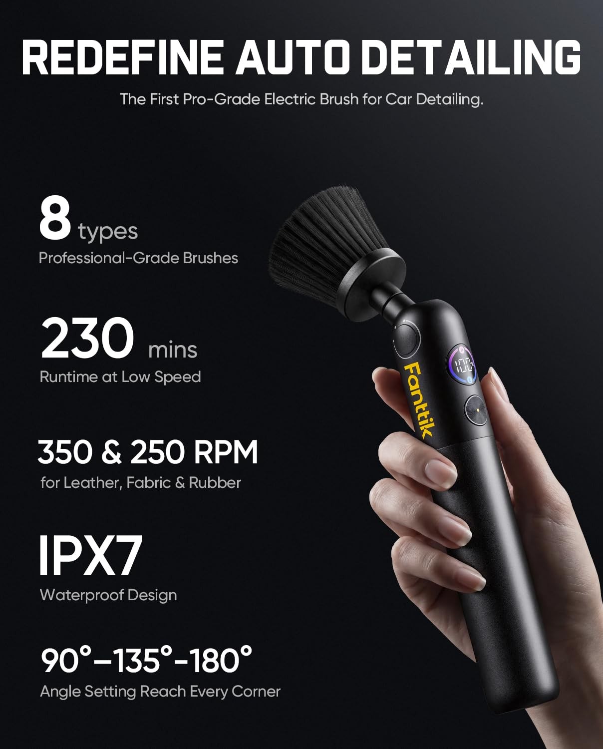 Cordless Electric Car Detailing Brush with 8 Heads, DualSpeed & Waterproof