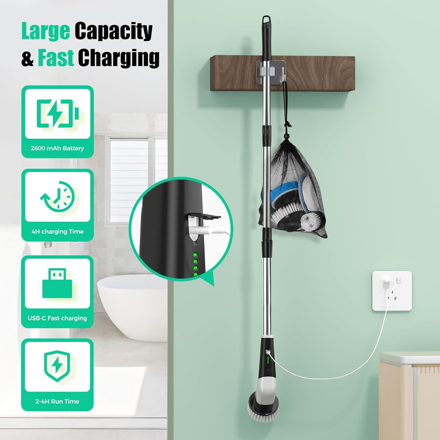 YKYI Electric Spin Scrubber, Cordless Power Scrubber Cleaning Tool with 8 Replac