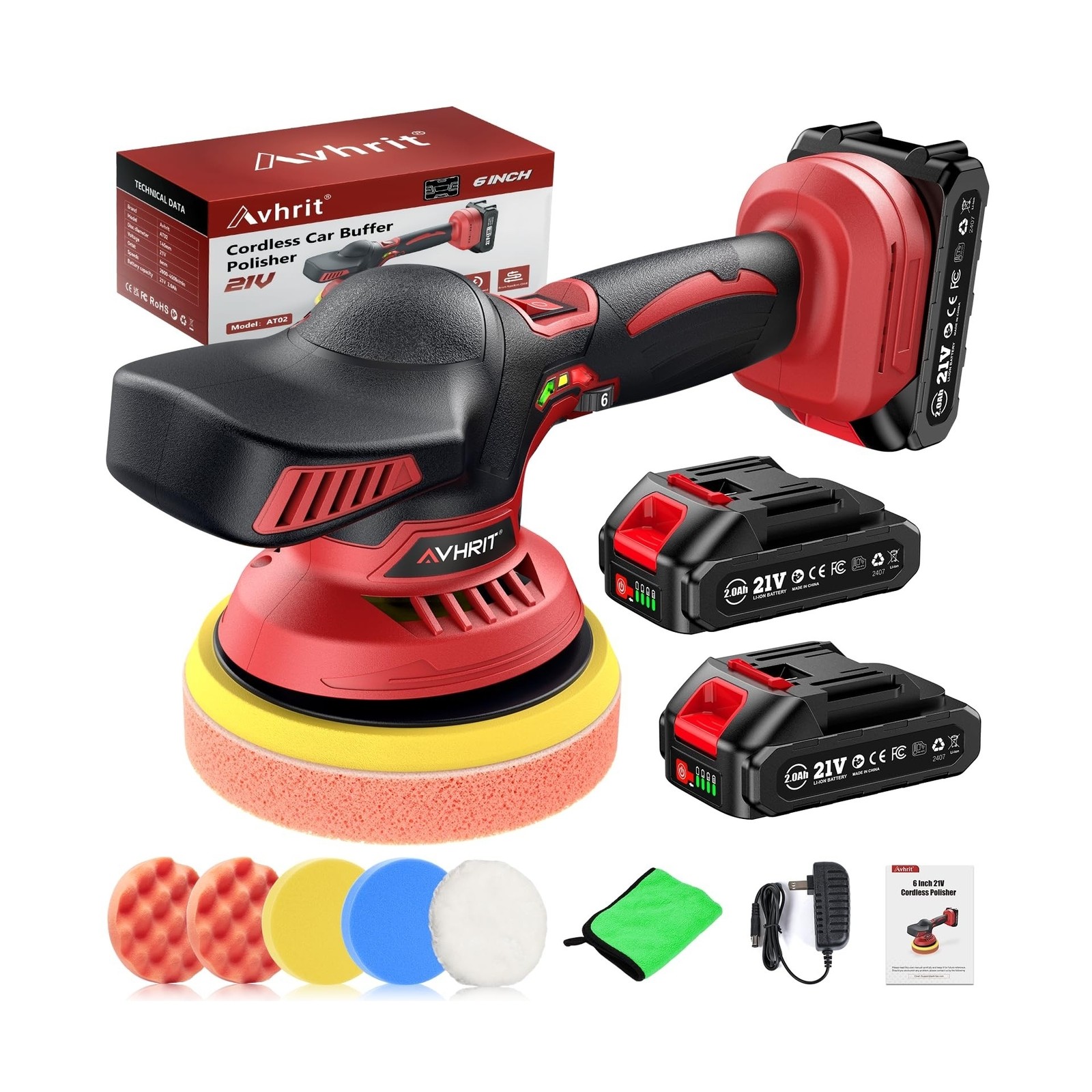 Cordless Car Buffer Polisher kit w/ 2x2000mAh 21V Batteries, 6 Inch Car buffe…