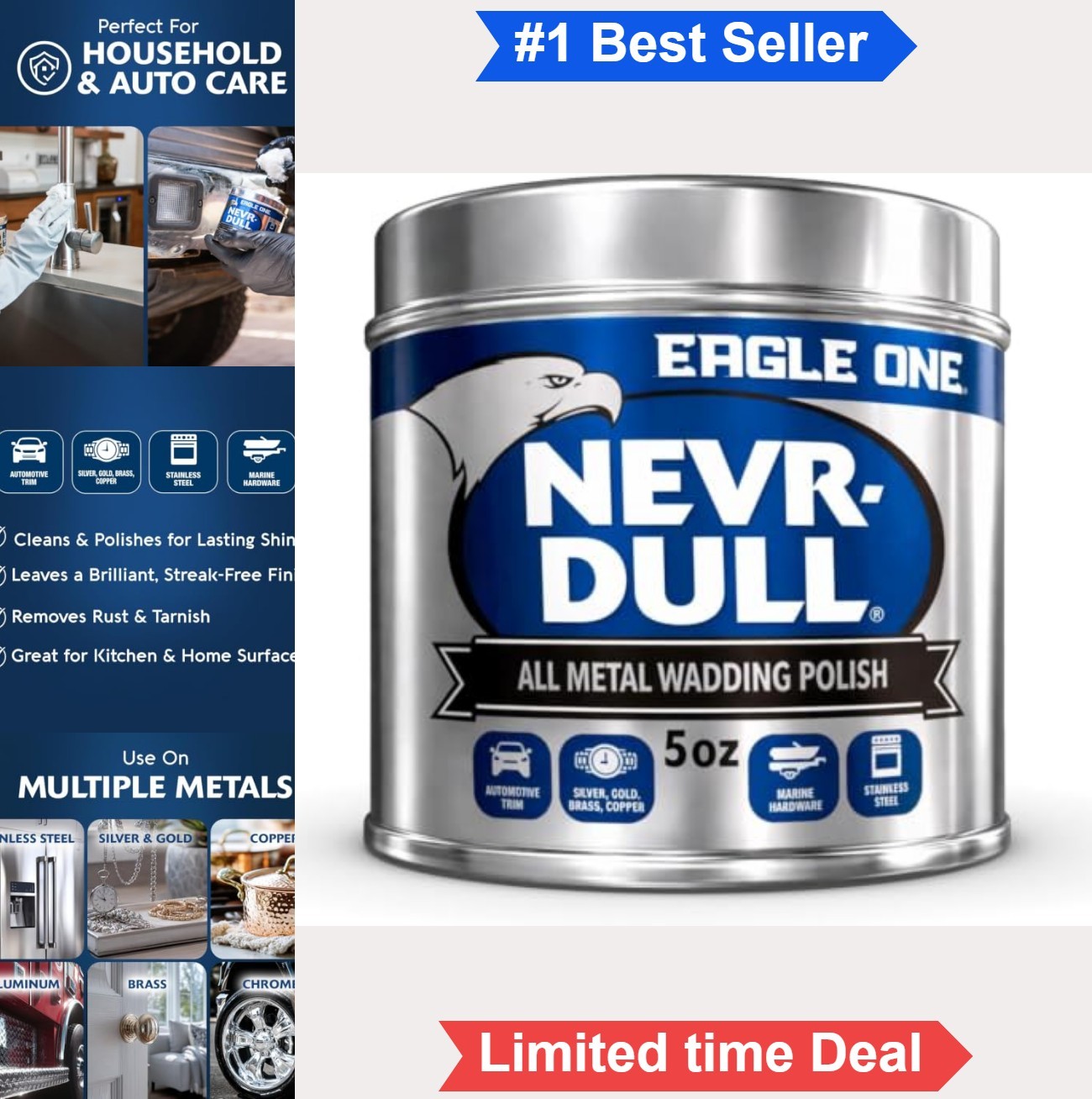 Nevr-Dull Magic Wadding Polish 5oz All Metal Tarnish Remover Cotton Cloth