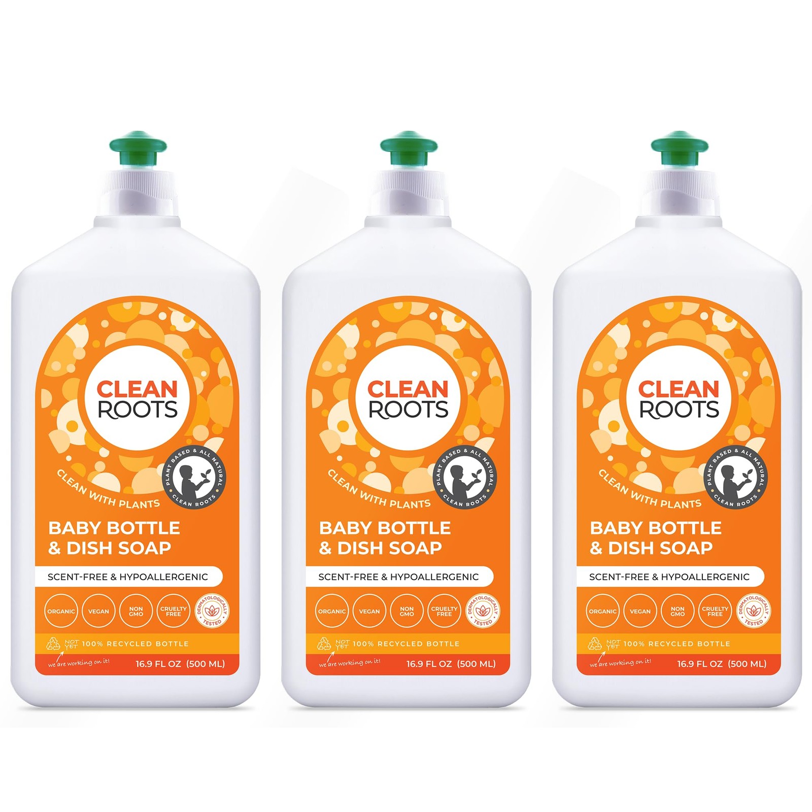 Clean Roots Baby Bottle & Dish Soap Plant-Based, Scent-Free, 16.9 Oz (Pack of 3)