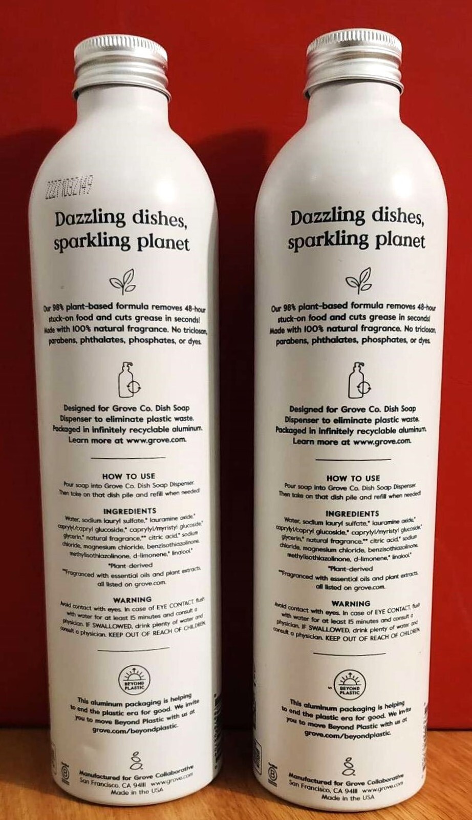 2 x Grove Co Ultimate Dish Soap REFILLS Aluminum Bottle Lavender & Thyme 16 oz